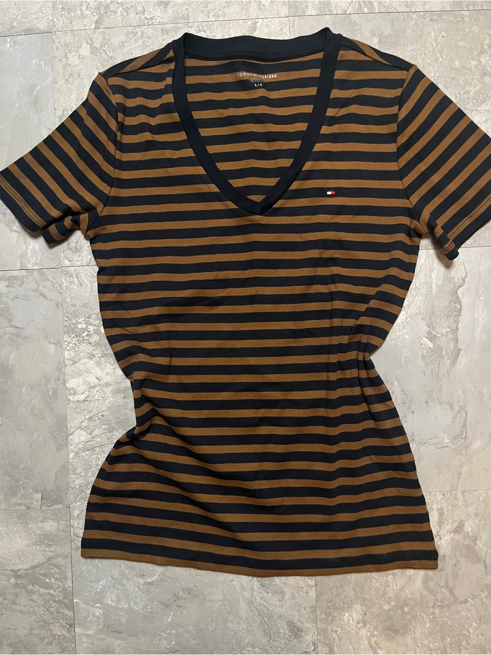 Tommy Hilfiger Navy and Brown Striped V-Neck Tee